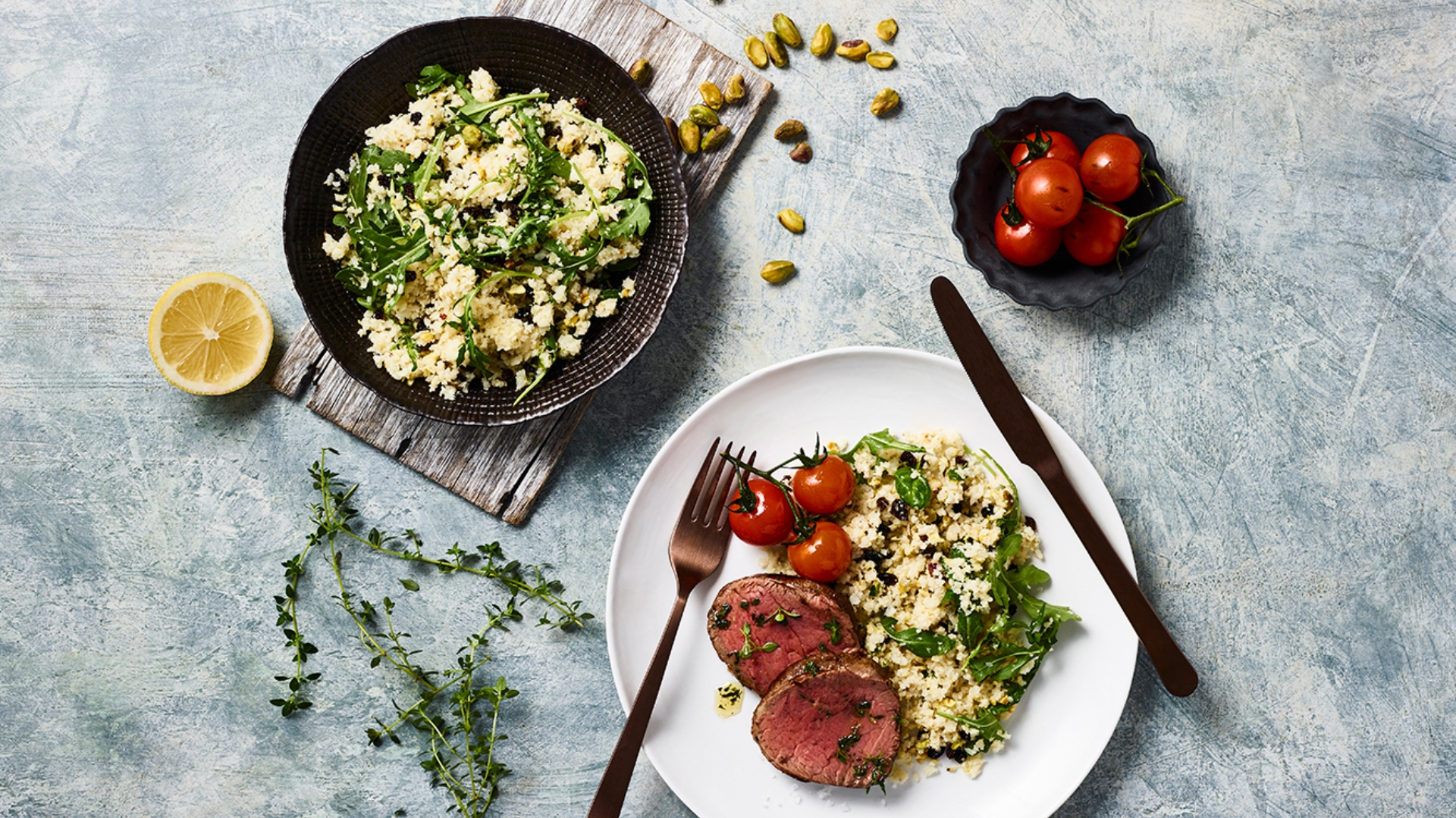 Beef fillet with cauliflower couscous&nbsp;recipe