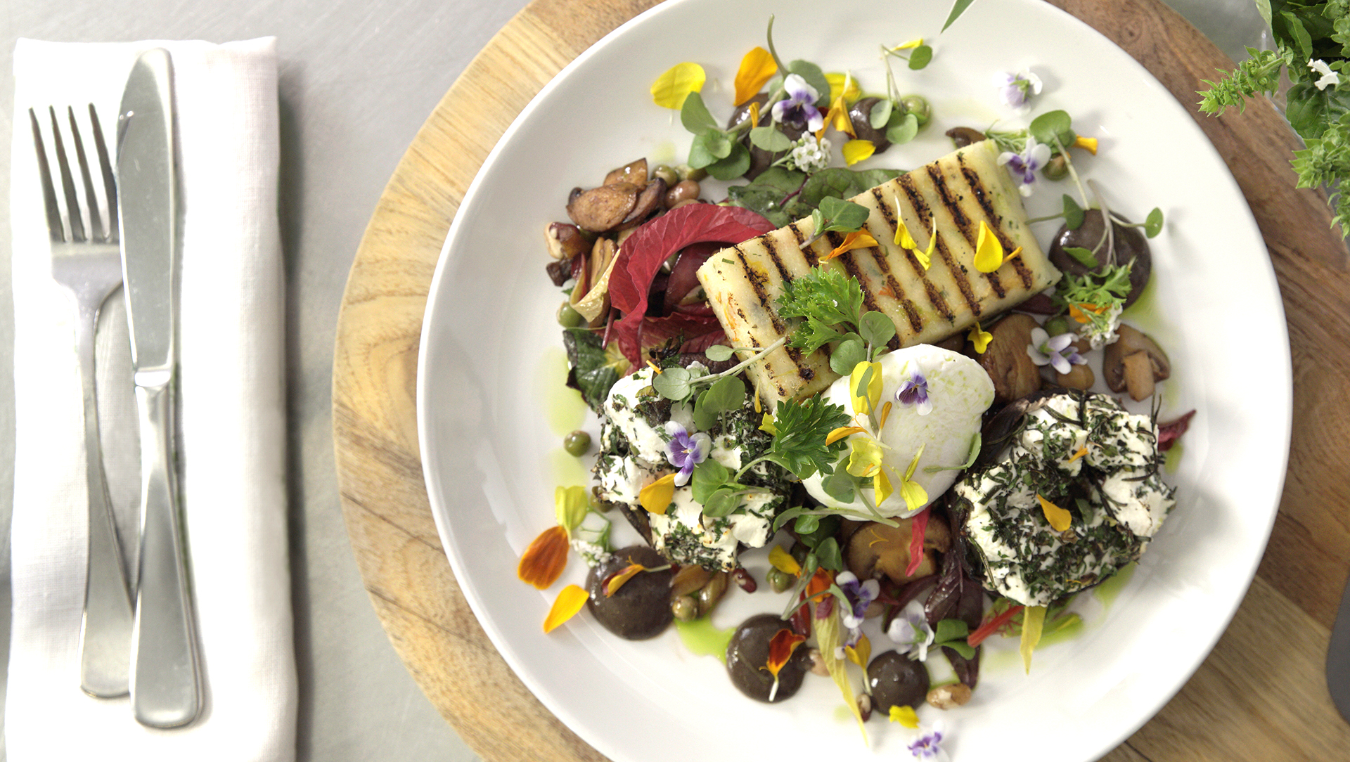 Feta, mushroom, poached egg & polenta recipe