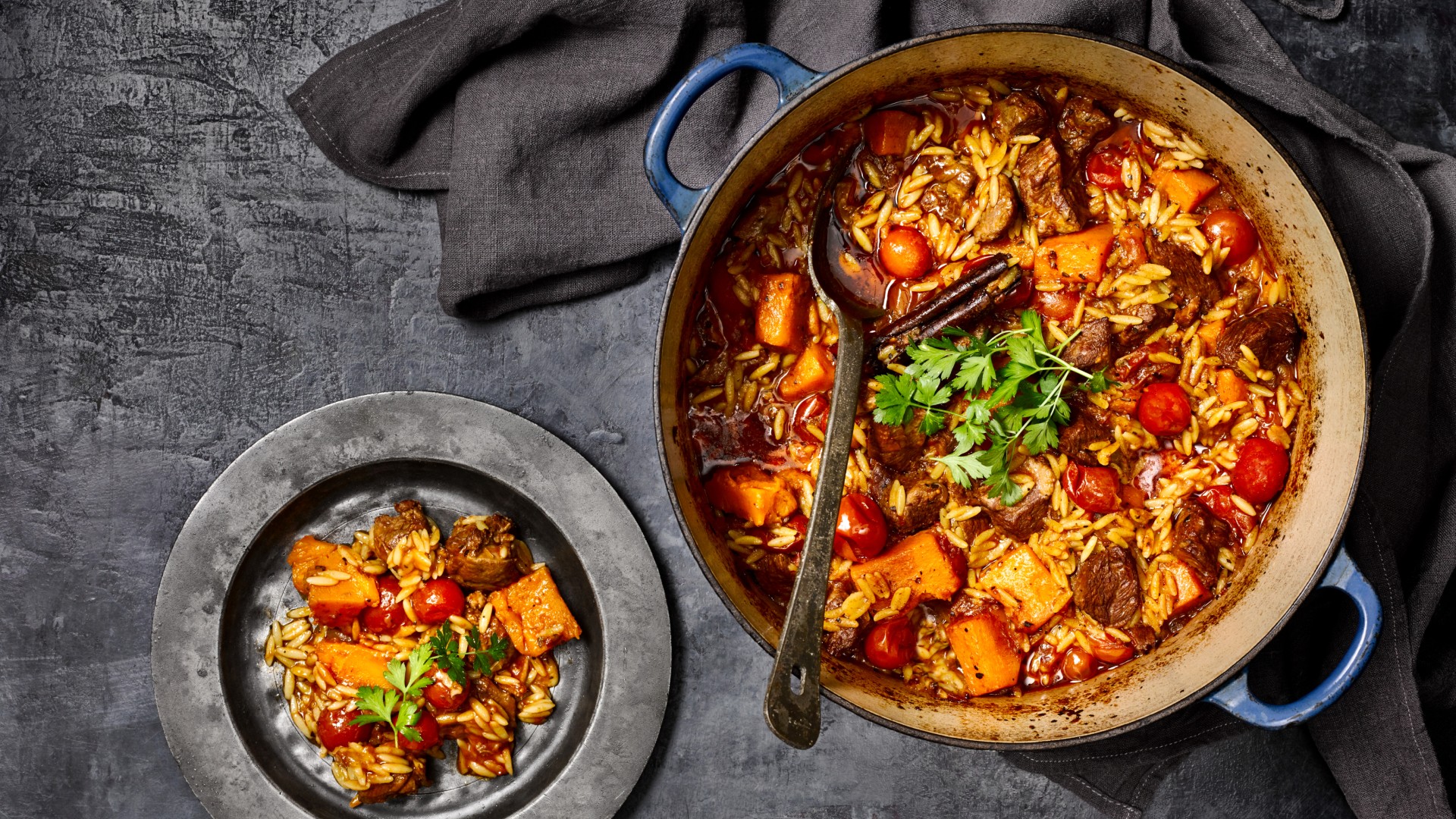 Lamb, pumpkin and orzo braise recipe